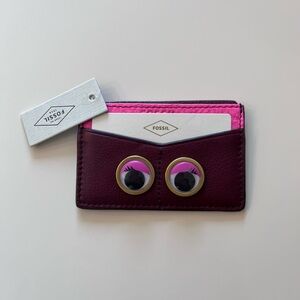 FOSSIL Leather Card Case ID Holder Eyes Red Pink Wallet NWT
